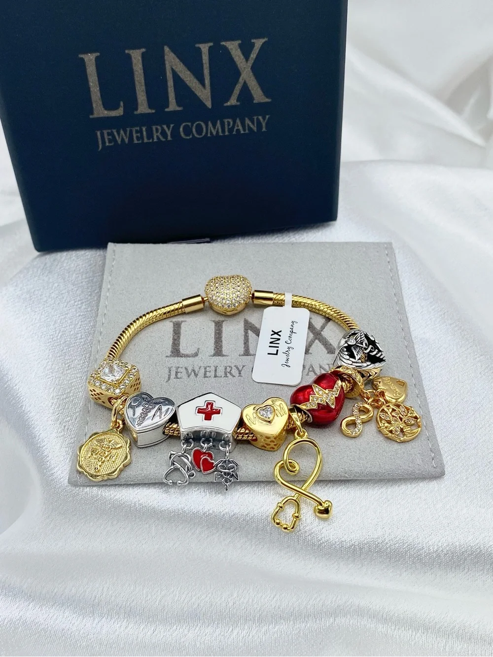 Linx Gold Snake Chain Charm Bracelet with Registered Nurse, Mom & Family Charms
